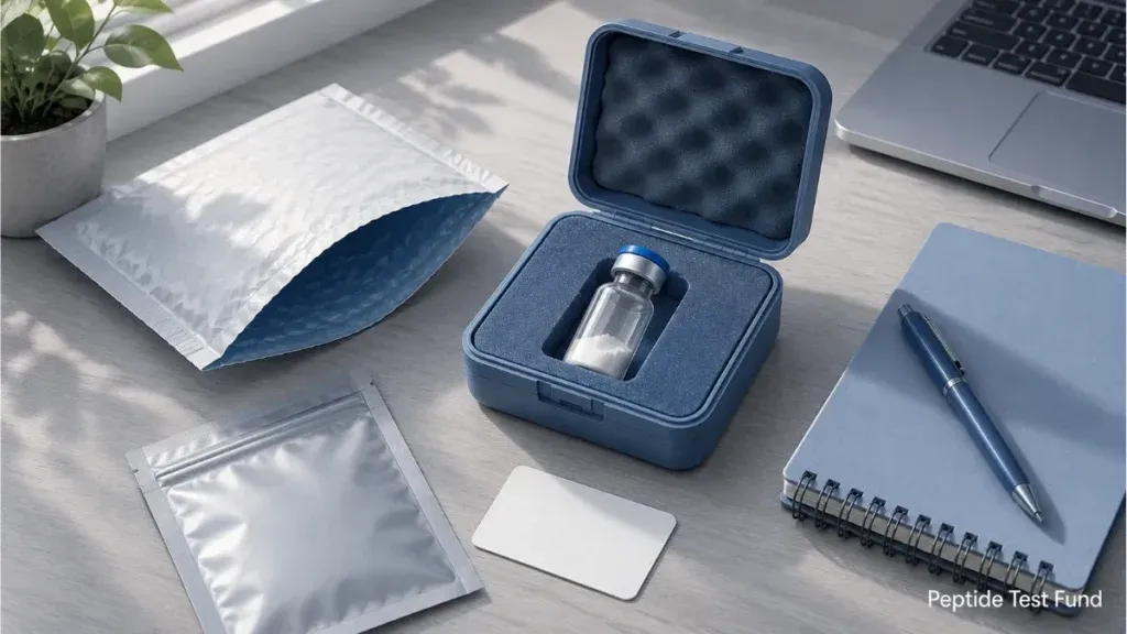 Illustrated peptide vial being packed for independent laboratory testing to determine how much peptide is actually in a vial.