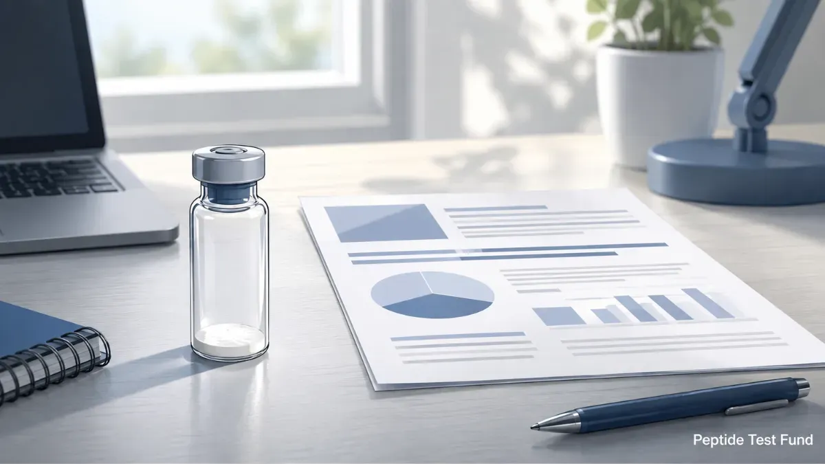What Does 99% Peptide Purity Actually Mean? Illustrated peptide vial beside a blank laboratory report representing peptide purity testing.