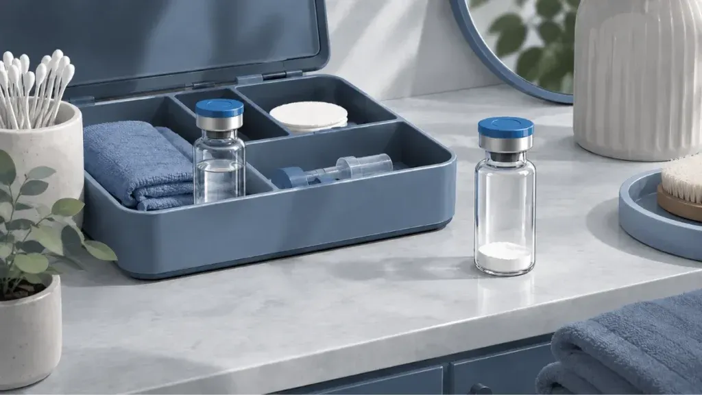 Editorial illustration of bacteriostatic water stored beside a peptide vial in a clean home setting.