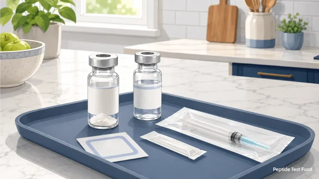 Editorial illustration of supplies used to reconstitute a peptide arranged on a clean kitchen island, including a peptide vial and bacteriostatic water.